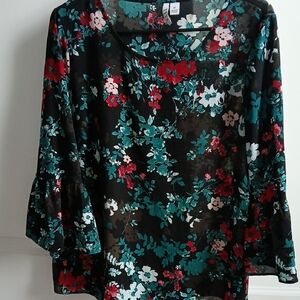 Elle Black Sheer Floral Bell-Sleeve Blouse with Teal & Red Flowers